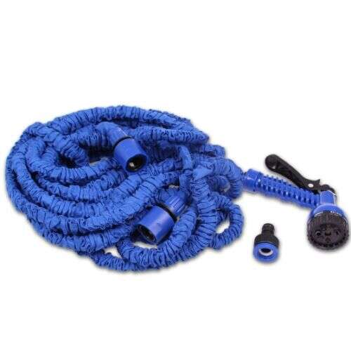 Blue expandable garden hose with 7 function spray nozzle, 52 meter long
