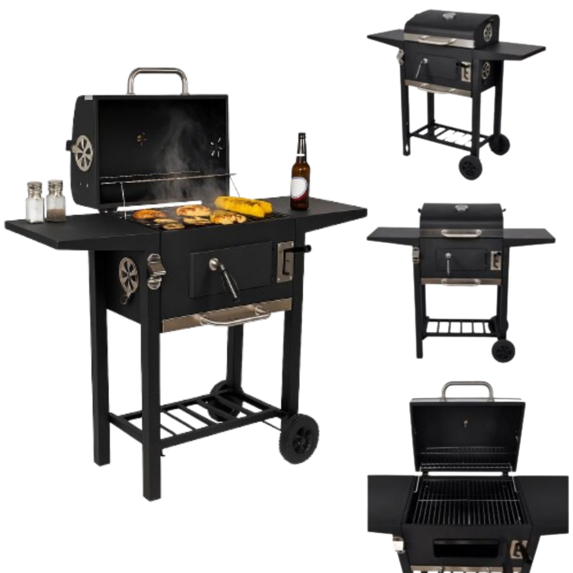 Pepita faszenes BBQ Grill állítható rácsmagasság, hőmérővel és po...