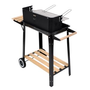 Pepita charcoal grill with wooden side shelf and bottom shelf, black and brown - Garden