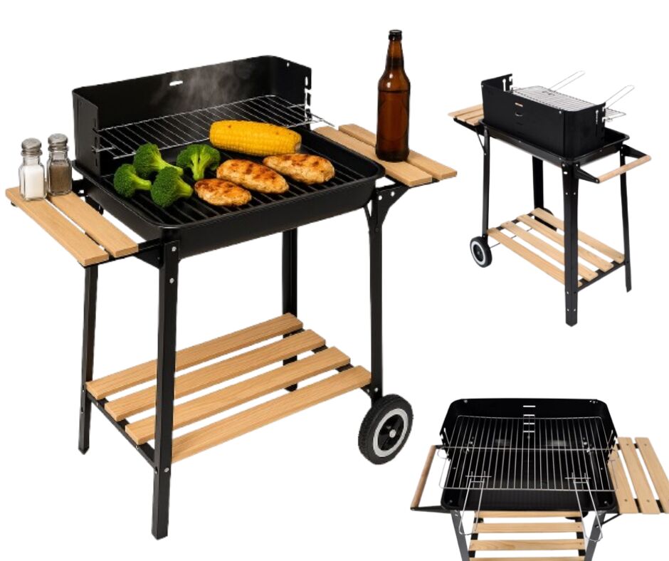 Pepita faszenes Kerti Grill fa polcokkal - fekete-barna