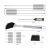 BBQ grill skewers, digital thermometer, and grill brush with measurements