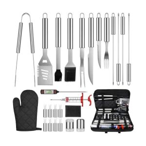 Pepita 27-teiliges Grillwerkzeug-Set mit digitalem Thermometer, Pinsel, Zange, Spatel, Spießen und Tragetasche - Garten