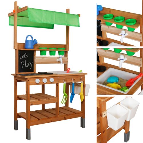 Pepita Outdoor-Spielküche aus Holz mit Zubehör, braune Ausführung, Collage-Ansicht