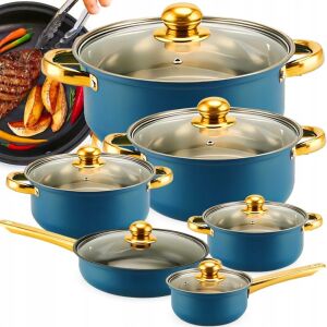 Retoo 12-częściowy zestaw obiadowy ze stali nierdzewnej - niebieski, złoty