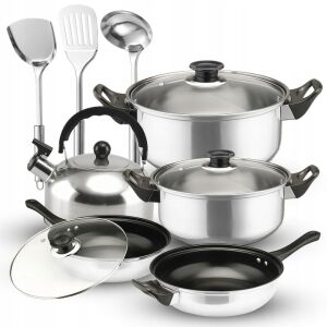 Комплект прибори за хранене от неръждаема стомана от 11 части с кухненски аксесоари - сребрист, черен