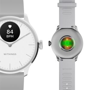 Withings ScanWatch Light 37mm okosóra, fehér, elülső és hátsó nézet, pulzusmérés és SpO2 szenzor látható - Withings