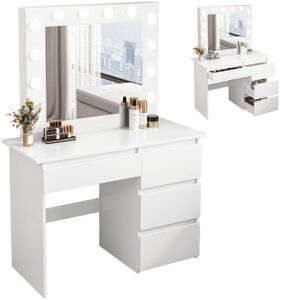 Modern, fehér sminkasztal LED-es tükörrel és fiókokkal - Fodym