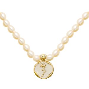 Колие от френски перли Dollcini с висулка цвете от емайл - Роза, Ръчно изработени бижута, Злато