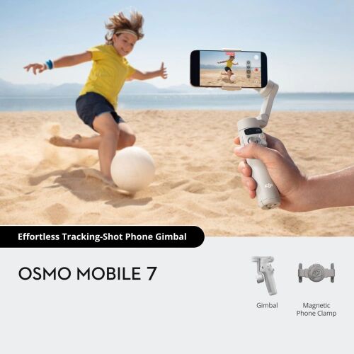 DJI Osmo Mobile 7 in use, capturing a child playing, with gimbal and magnetic phone clamp details