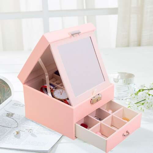 Elegáns ékszertartó doboz, fiókkal és tükörrel - rózsaszín