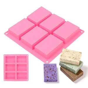 Pink silicone soap mold with 6 rectangular cavities, perfect for making homemade soap bars - Soap dish