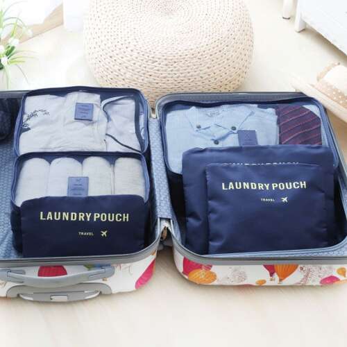 Set of 6 dark blue travel organizers for suitcase, clothes, shoes, and toiletries