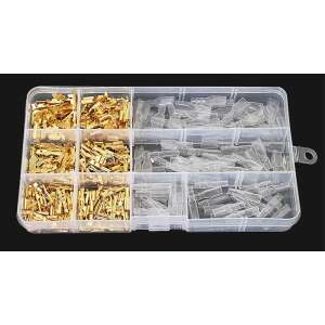 270 piece wire connector kit with male and female connectors in different sizes, gold plated, in a clear plastic storage box - Cable lug
