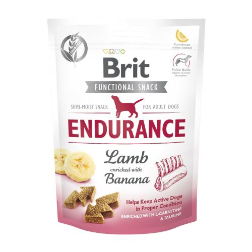 Brit Endurance recompense pentru câini cu miel și banane, pachet de 150g. Gustare funcțională semi-umedă pentru câini adulți.