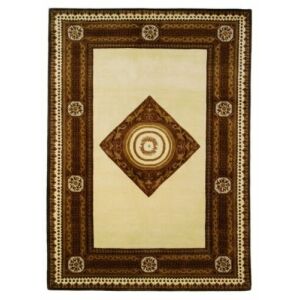 Bakero 5006-05 Vanille/brauner Teppich, 70x140 cm, handgeknüpfter Wollteppich mit griechischer Schlüsselfriese und zentralem Medaillon - Innenarchitektur