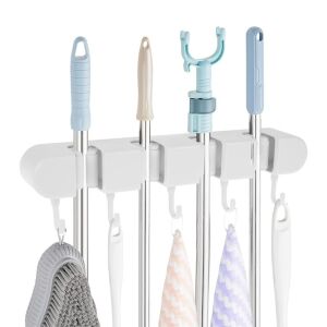 Organizator alb de perete pentru mopuri, mături și ustensile de curățenie - Suporturi pentru scule