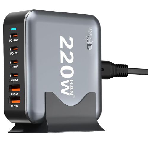 Unified3D 220W GaN III töltőállomás 4 USB-C és 2 USB-A porttal