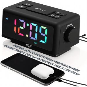 Ceas Digital LED RGB – Alarmă, Radio, 2x USB, 4 Trepte Luminozitate, Mufă Căști | Ceas Multifuncțional cu Ecran Mare | Negru, Modern