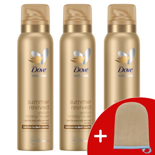 Пяна за самозапалване Dove Summer Revived за средна до тъмна кожа 3x150ml + Подаръчни ръкавици за самозапалване Dove 127507150