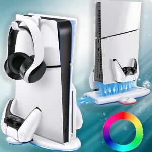 Suport vertical PS5 Slim cu stație de încărcare controlere și iluminare RGB - Produs Fan Gaming