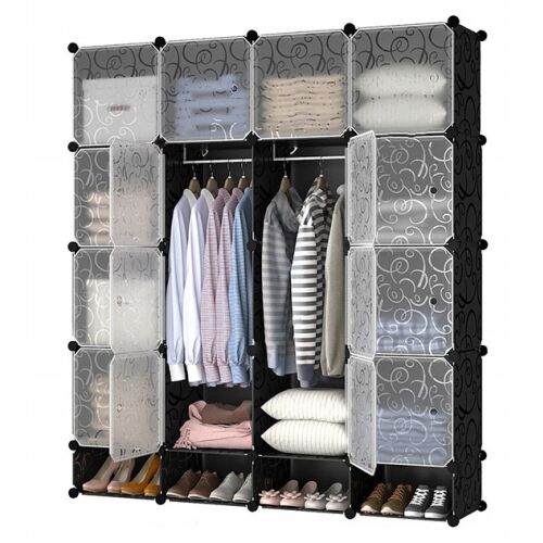 Schwarzer modularer Schrank mit Kleider- und Schuhaufbewahrung