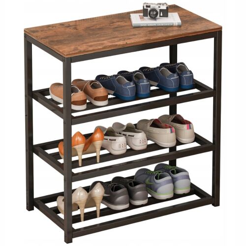 Regál na topánky v industriálnom štýle Rebiko s drevenou doskou a tromi policami