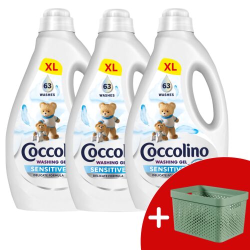 Coccolino Sensitive folyékony Mosógél 3x2,52L - 189 mosás + Ajándék Curver Infinity Mosószertartó Kosár 17L