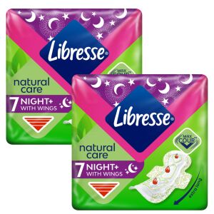 Libresse Natural Care Night+ Damenbinden, 2 Packungen mit je 7 Stück, für starke Blutungen, Nachtschutz - Damenbinden