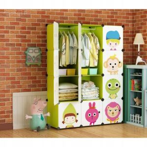 Modularer Kleiderschrank für Kinder mit bunten Cartoon-Tier- und Charakterdesigns, offene Ansicht - Babymöbel