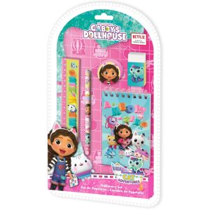 Комплект канцеларски материали Netflix Gabby's Dollhouse от 5 части, включващ линийка, молив, гума, острилка и бележник - Крит