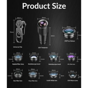 Kit Obiective Telefon Mobil Apexel 10 în 1: Teleobiectiv, Fisheye, Macro, Unghi Larg și Obiective Filtru cu dimensiuni - Lentile / obiective pentru telefoane moblle