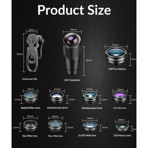 10 db objektív csomag, Apexel, 22x teleobjektív, halszem, radiális, kaleidoszkóp, makró, széles, csillag, kompatibilis a következőkkel: iPhone, Samsung, Huawei, Oppo, Xiaomi