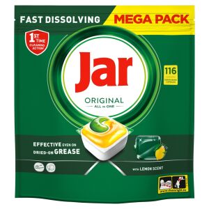Jar Original All In One Лимонови капсули за съдомиялна машина, мега пакет от 116 броя, бързо разтваряне, ефективен срещу мазнини - Сапун и Таблетки за миялна машина