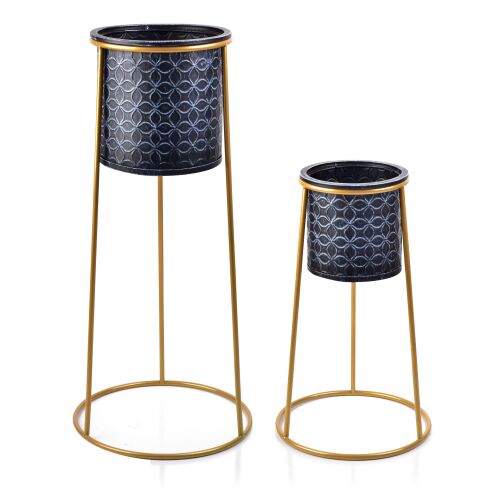 SWEN 2 darabos virágtartó állvány szett arany vázzal és dekoratív cseréppel