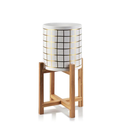 AVA GOLD DONITCH virágcserép fa állványon, fehér kerámia virágtartó arany rácsmintával