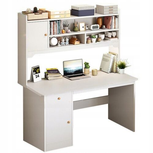 Fehér loft stílusú számítógépasztal polcokkal, ideális otthoni irodába vagy játékhoz