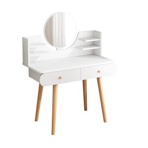 Fehér skandináv sminkasztal kerek tükörrel fehér háttérrel - Rebiko