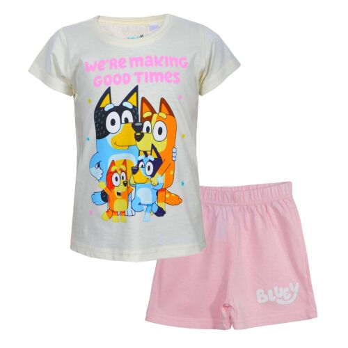 Set pijama de vară Nickelodeon Bluey pentru copii, cu personaje Bluey pe un tricou alb și pantaloni scurți roz.
