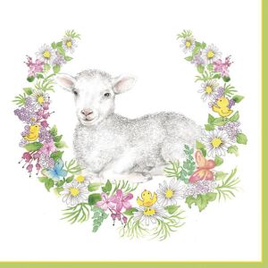 Húsvéti koszorú báránnyal szalvéta, húsvéti témájú papírszalvéta bárány és virágkoszorú mintával - Szalvéta
