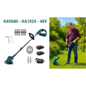HAYAMI HA-1037 48V akkus fűkasza tartozékokkal és használat közben - Fűkasza és szegélynyíró
