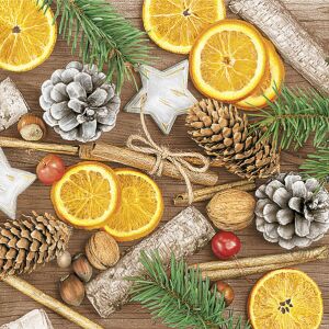 Karácsony Winter Decorations Cinnamon szalvéta narancsszeletekkel, fenyőtobozokkal és fahéjrudakkal - Szalvéta