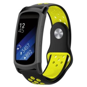 Samsung Gear Fit 2/2 Pro Szilikon Sportóra Szíj - Fekete/Sárga - 18mm 128075277 - Okosóra szíj