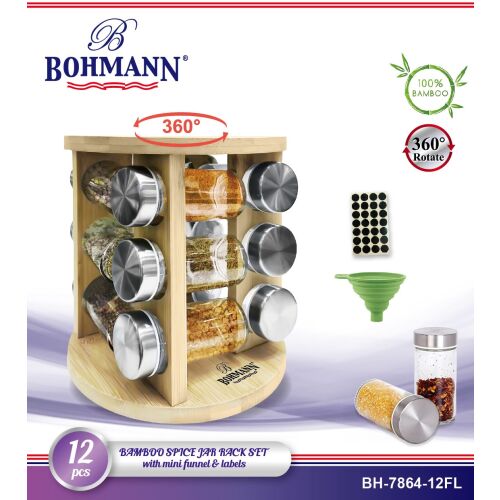 Bohmann BH 7864-12 FL 360°-ban forgatható bambusz fűszertartó 12 üveggel, címkékkel és tölcsérrel