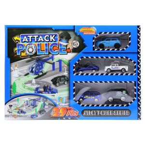 Rendőrállomás készlet + Autópálya szakasz + 4 fém autó + 1 autó, 40x28cm dobozos