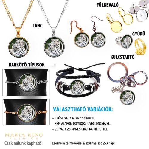 Szibériai tigrises ékszer szett, nyaklánc, fülbevaló, gyűrű, karkötő, kulcstartó, Maria King Fashion