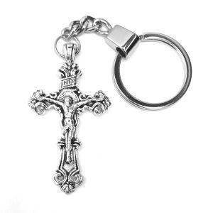 Antik nagy cirádás kereszt kulcstartó, ezüst színben