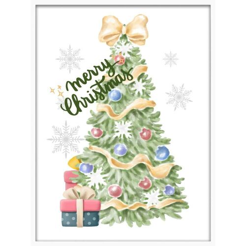 Falikép Boldog Karácsonyt keretezett nyomat karácsonyfával és ajándékokkal