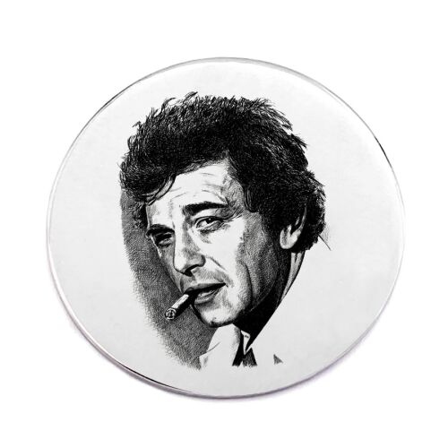 Columbo kitűző, kerek, fekete-fehér, 37 mm, fém, védőfóliával, táskára, dzsekire, ruhára - Kitűző és jelvény
