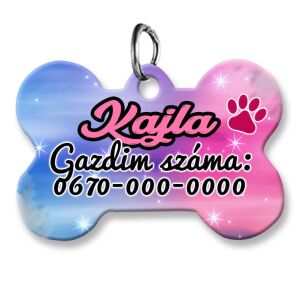 Kutyabiléta, csont alakú (tetszőleges adatokkal), kék-pink csillagos mintával