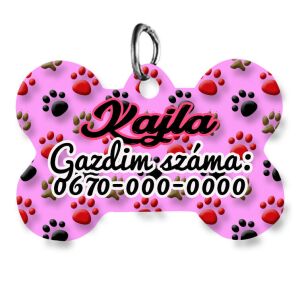 Kutyabiléta, csont alakú (tetszőleges adatokkal), pink tappancsos háttérmintával